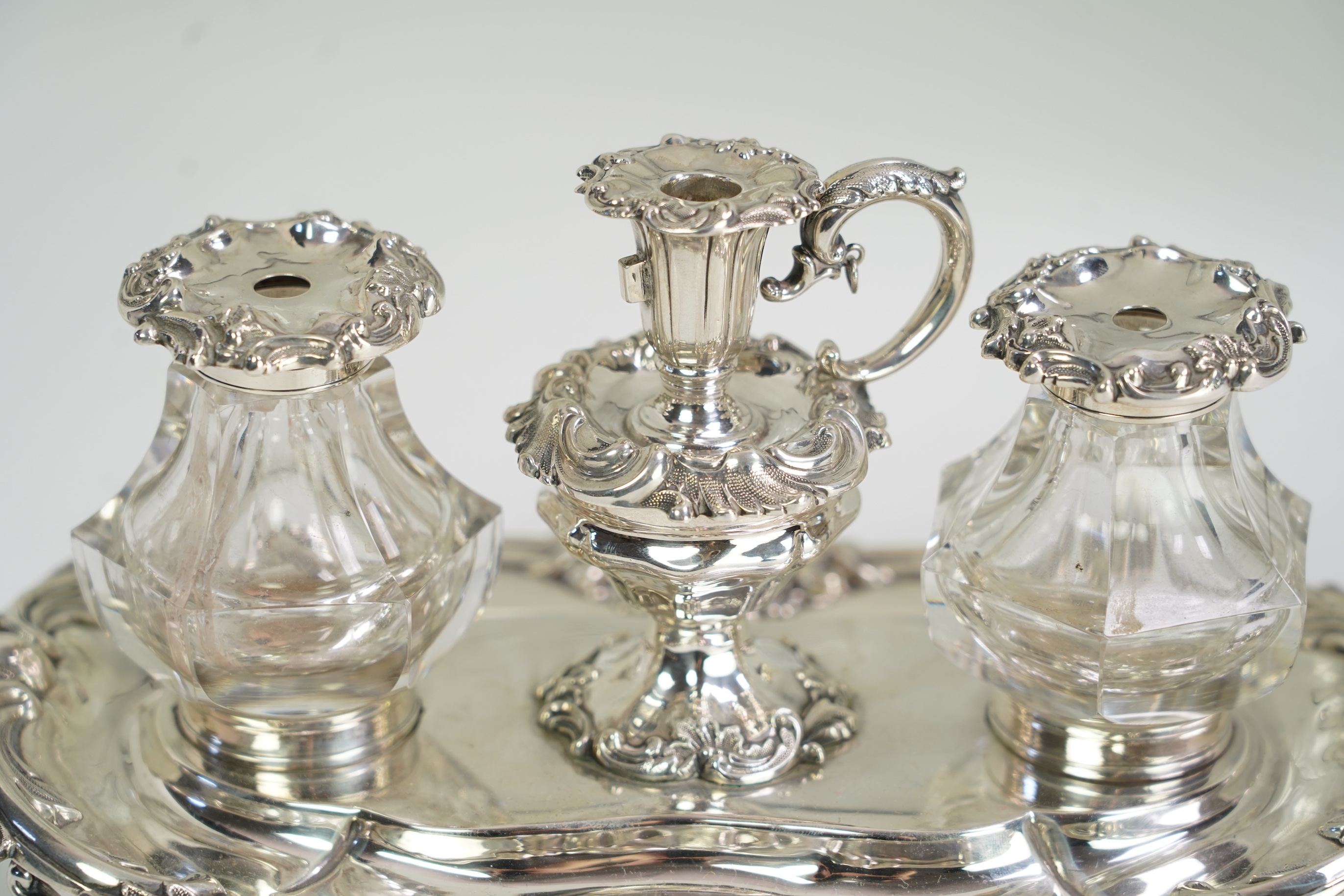 An early Victorian ornate silver inkstand, by Henry Wilkinson & Co